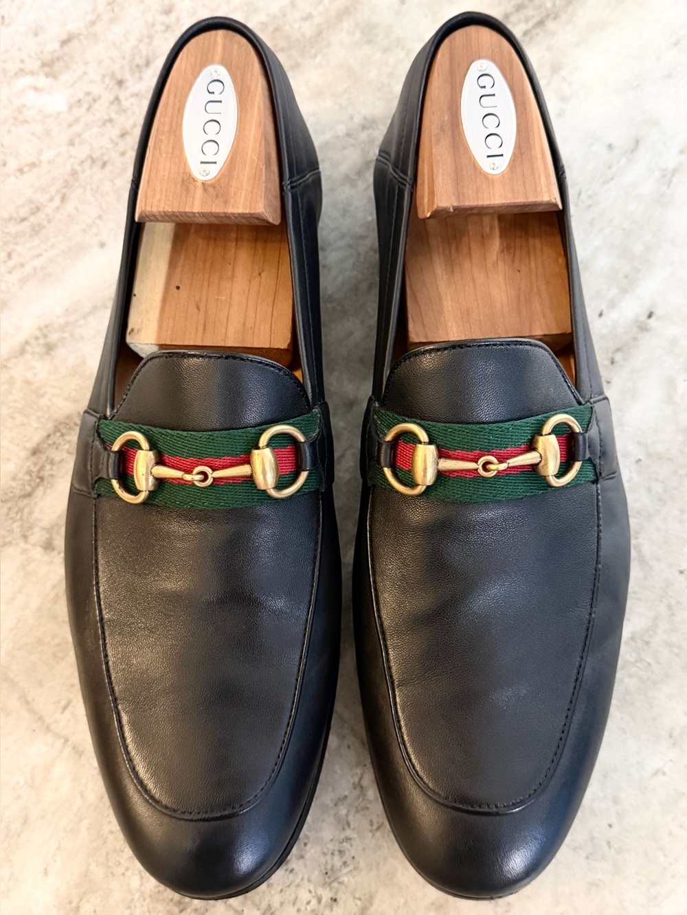 GUCCI BRIXTON Black Leather Web Horsebit Loafers US 9 Gucci 8.5 Jordaan $1100